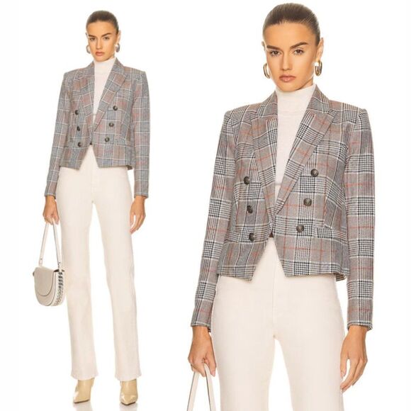 L'AGENCE Brooke Double Breasted Plaid Blazer in Brown Black Multi - Picture 12 of 12
